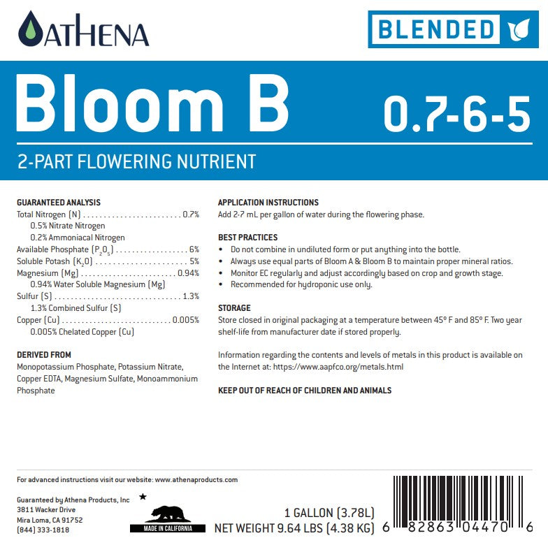 Athena Bloom A/B 2-Part Nutrient (250ml) – Flowering Formula for Indoor & Edible Plants