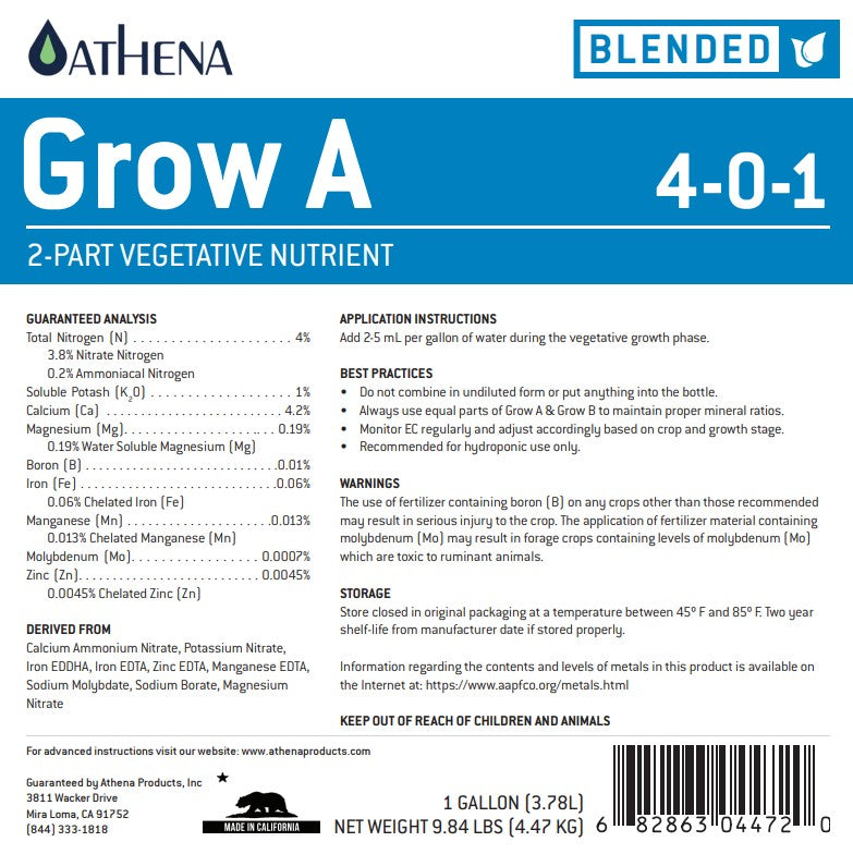 Athena Grow A/B 2-Part Nutrient (250ml) – Vegetative Formula for Indoor & Edible Plants