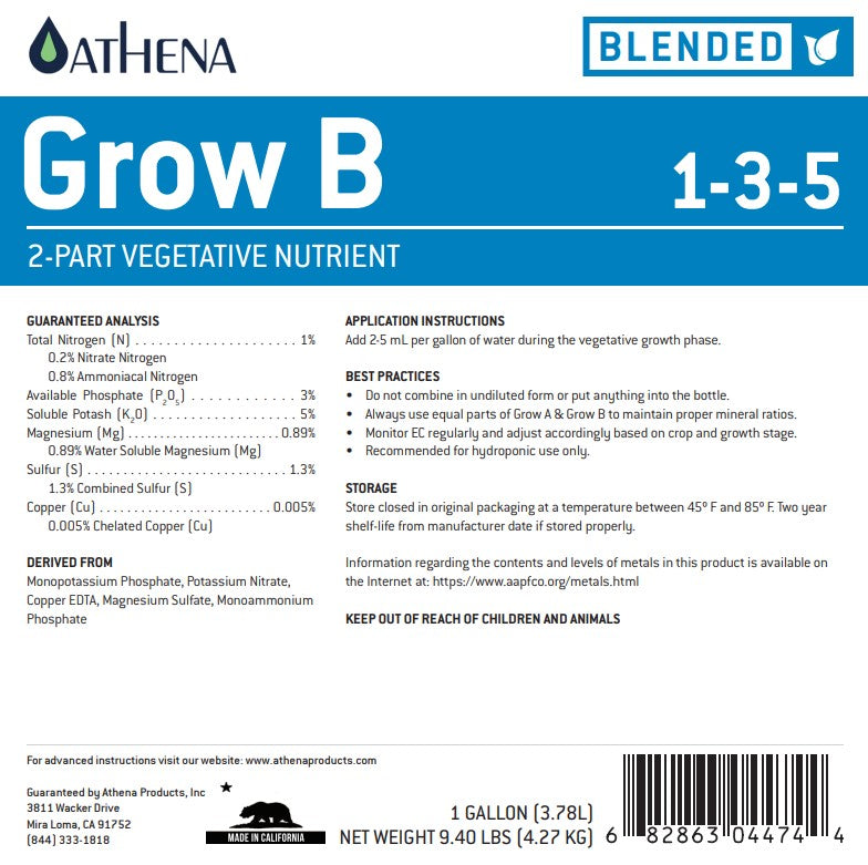 Athena Grow A/B 2-Part Nutrient (250ml) – Vegetative Formula for Indoor & Edible Plants