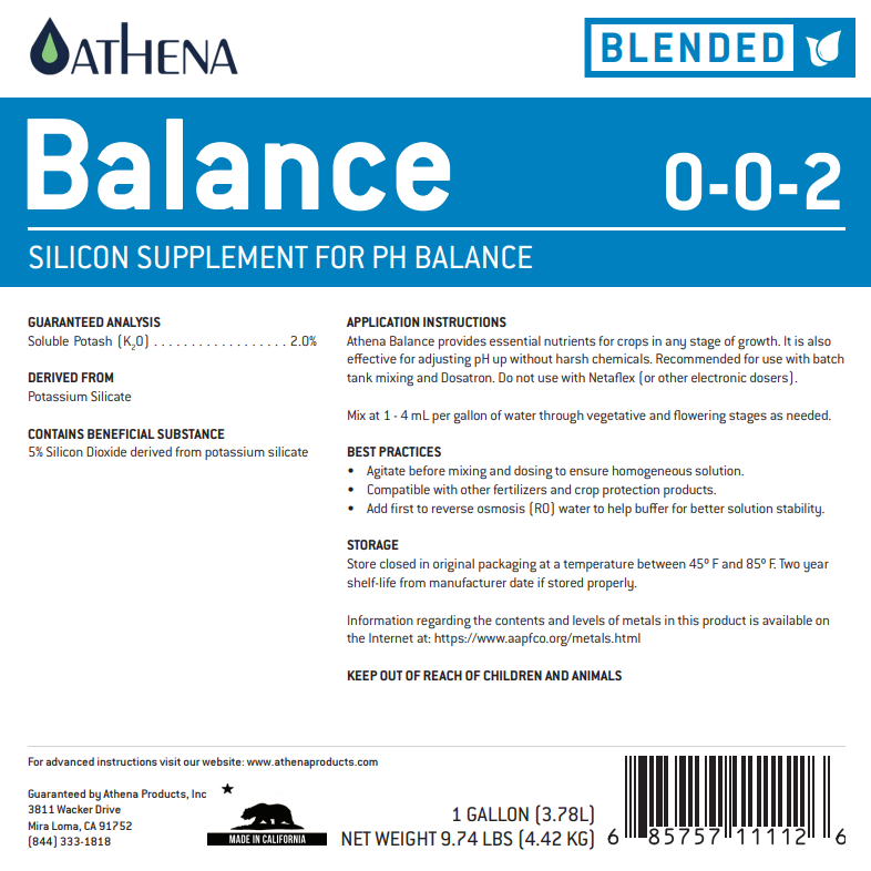 Athena Balance 0-0-2 pH Buffer & Silicon Supplement – 250ml