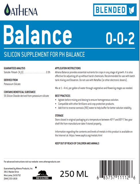 Athena Balance 0-0-2 pH Buffer & Silicon Supplement – 250ml