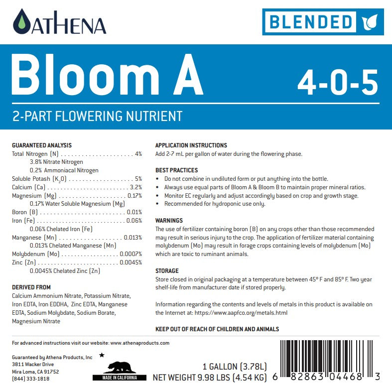 Athena Bloom A/B 2-Part Nutrient (250ml) – Flowering Formula for Indoor & Edible Plants