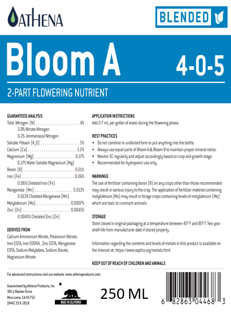 Athena Bloom A/B 2-Part Nutrient (250ml) – Flowering Formula for Indoor & Edible Plants