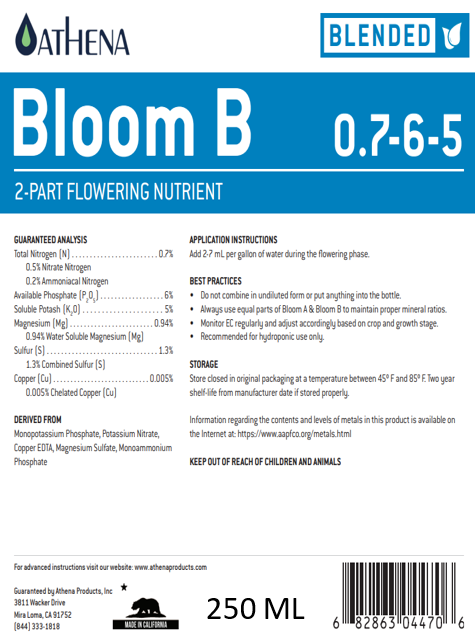 Athena Bloom A/B 2-Part Nutrient (250ml) – Flowering Formula for Indoor & Edible Plants