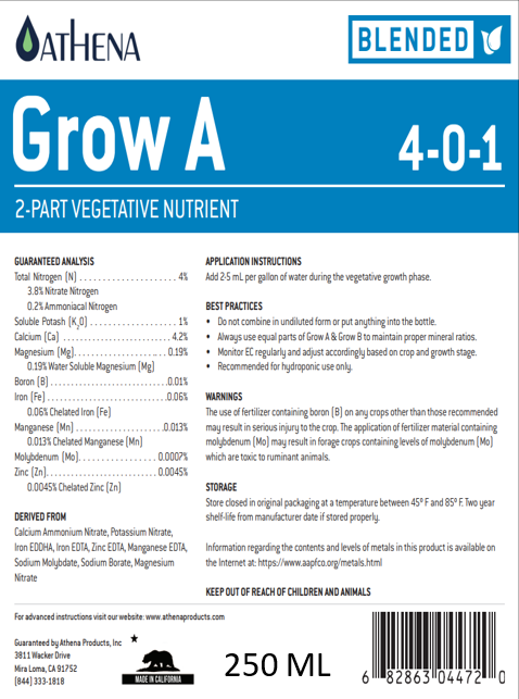 Athena Grow A/B 2-Part Nutrient (250ml) – Vegetative Formula for Indoor & Edible Plants