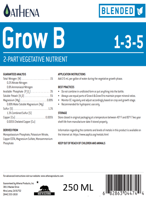 Athena Grow A/B 2-Part Nutrient (250ml) – Vegetative Formula for Indoor & Edible Plants