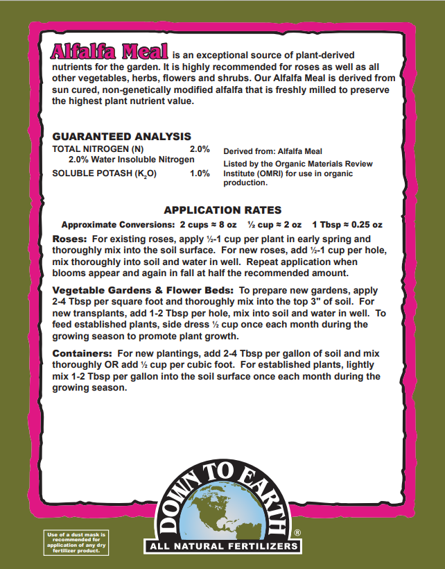 Down To Earth Alfalfa Meal 2.5-0.5-2.5 – Organic Plant-Based Fertilizer for Vegetables & Flowers