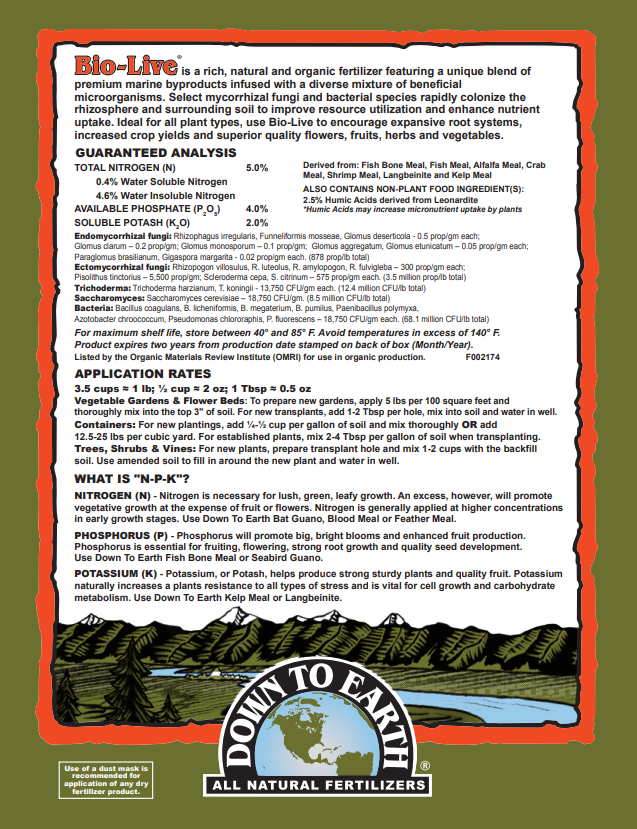 Down to Earth Bio-Live 5-4-2 – Organic Root & Bloom Fertilizer for Vegetables & Herbs
