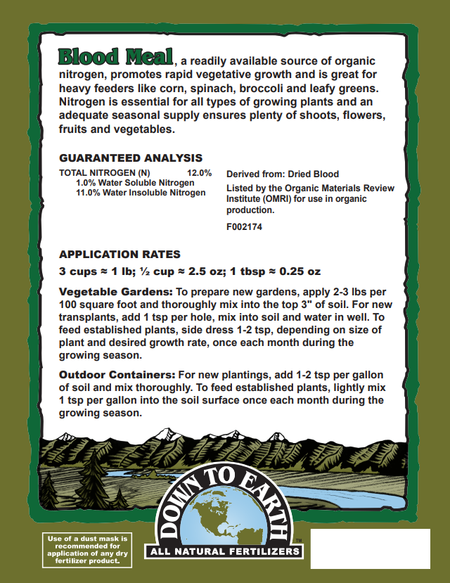 Down to Earth Blood Meal 12-0-0 – High Nitrogen Organic Fertilizer for Leafy Greens & Vegetables