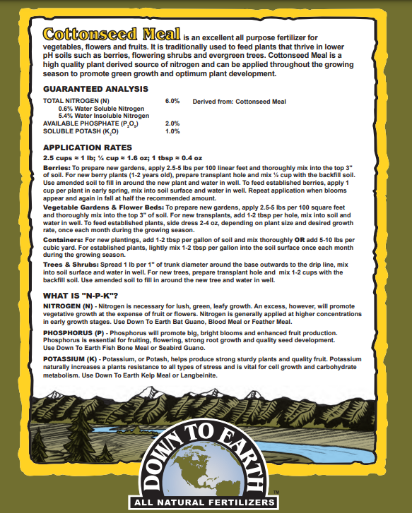 Down to Earth Cottonseed Meal 6-2-1 – Organic Plant-Based Fertilizer