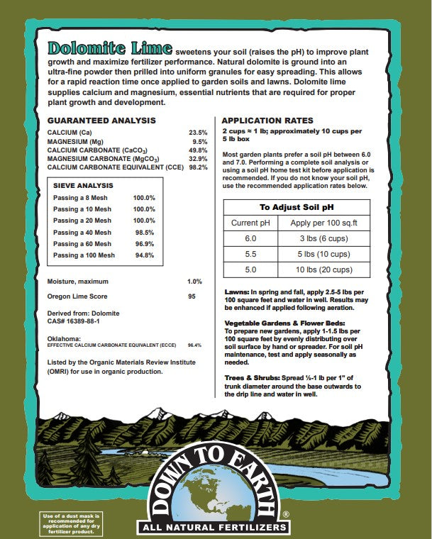 Down to Earth Dolomite Lime – Soil pH Conditioner for Plants