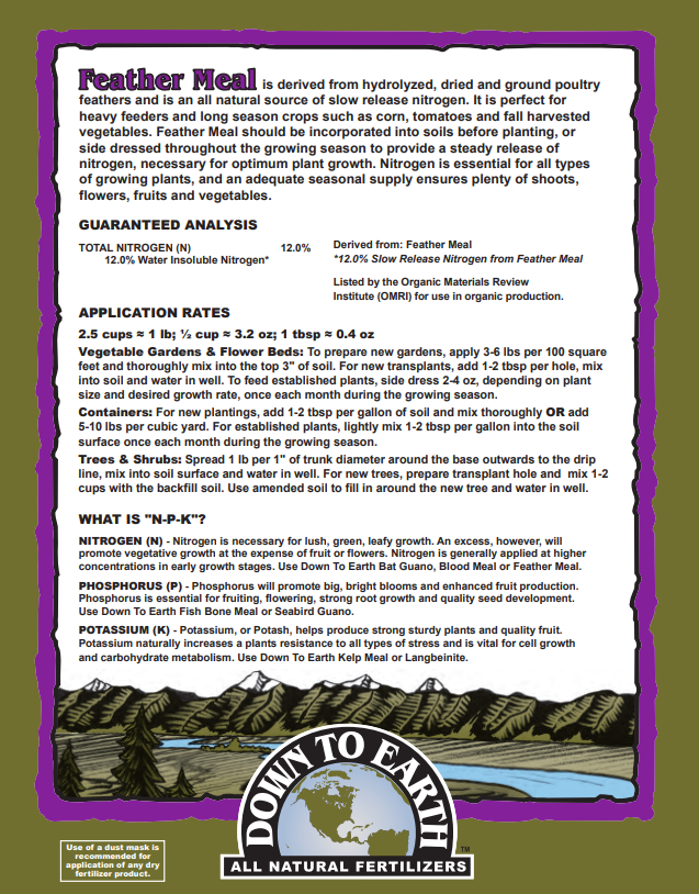 Down to Earth Feather Meal 12-0-0 – Organic Nitrogen Fertilizer