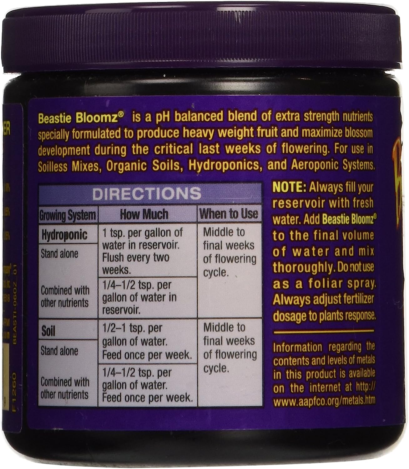 Fox Farm Beastie Bloomz Soluble Fertilizer 0-50-30 1 lb (450g)– High-Phosphorus Bloom Booster