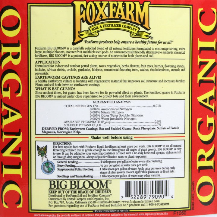 Fox Farm Big Bloom Organic Liquid Fertilizer 1 Quart – Bloom & Fruit Booster
