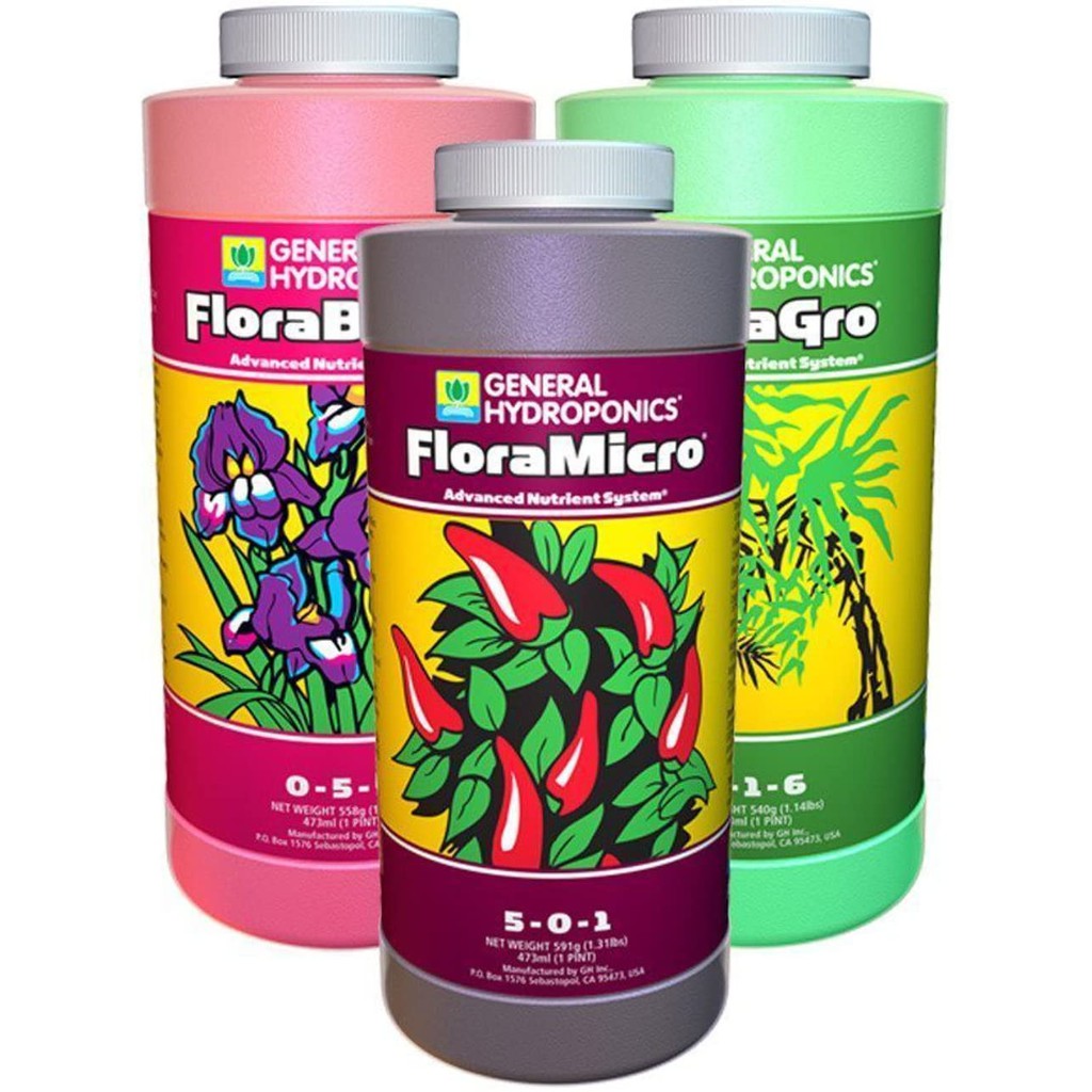 General Hydroponics FloraSeries (FloraMicro, FloraGro, FloraBloom) – 3-Part Nutrient Set for Indoor Plants