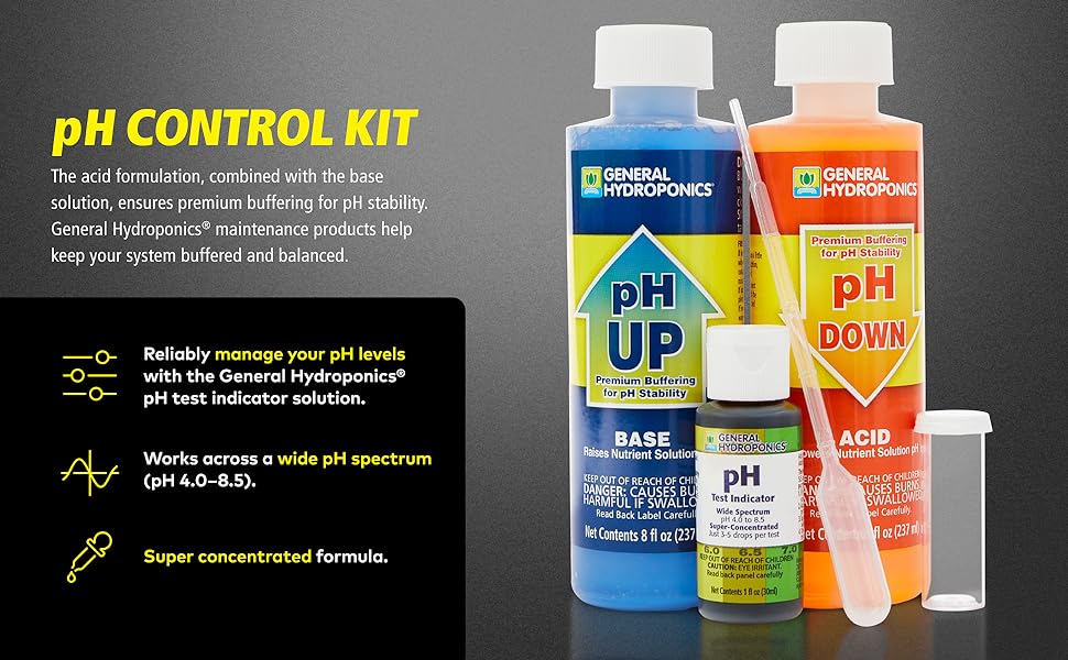 General Hydroponics pH Up, ph Down, Test Indicator, Test Kit – Nutrient Solution pH Control (60ml / 237ml / Kit)