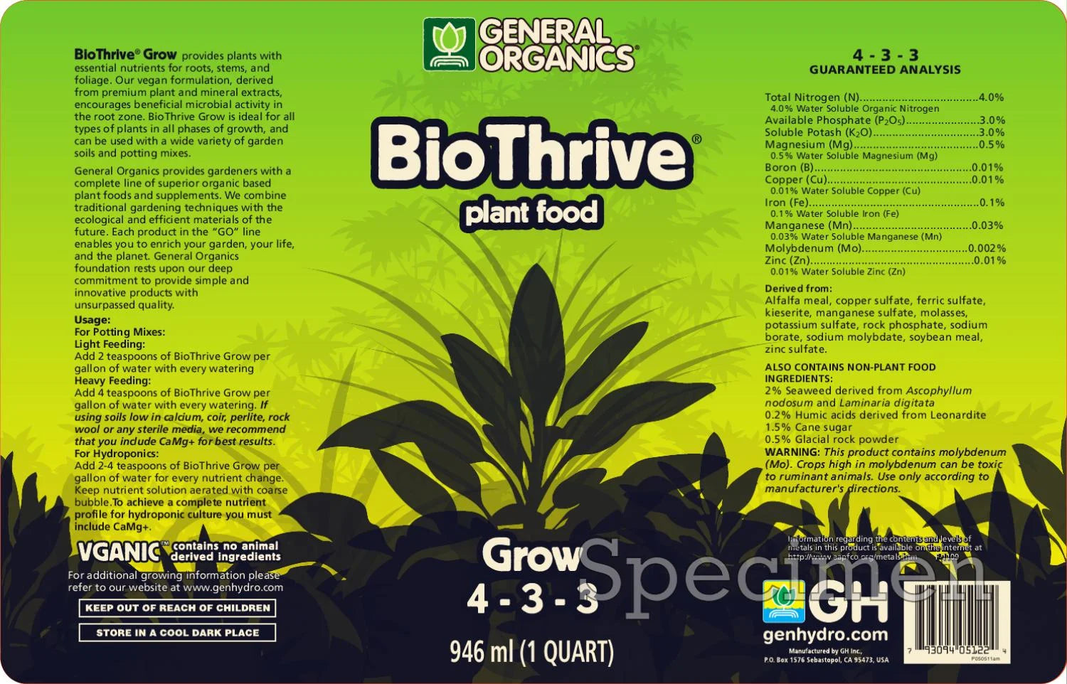 General Organics BioThrive Grow or Bloom 1 Quart – Organic Plant Nutrients for Vegetables, Herbs & Indoor Plants