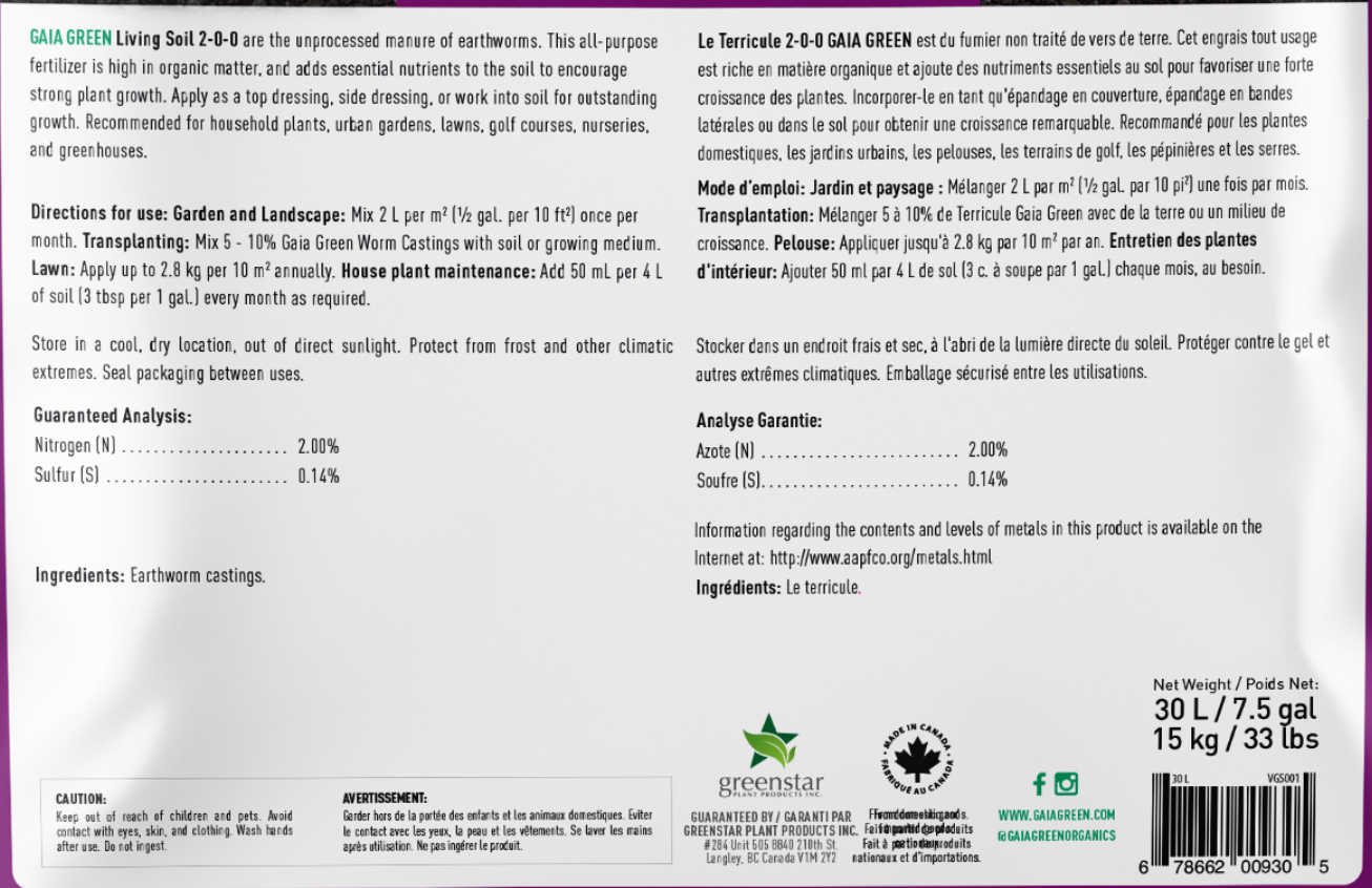 Gaia Green Living Soil Blend 30L – Premium Organic Potting Mix for Vegetables, Herbs & Indoor Plants (1-0-0)
