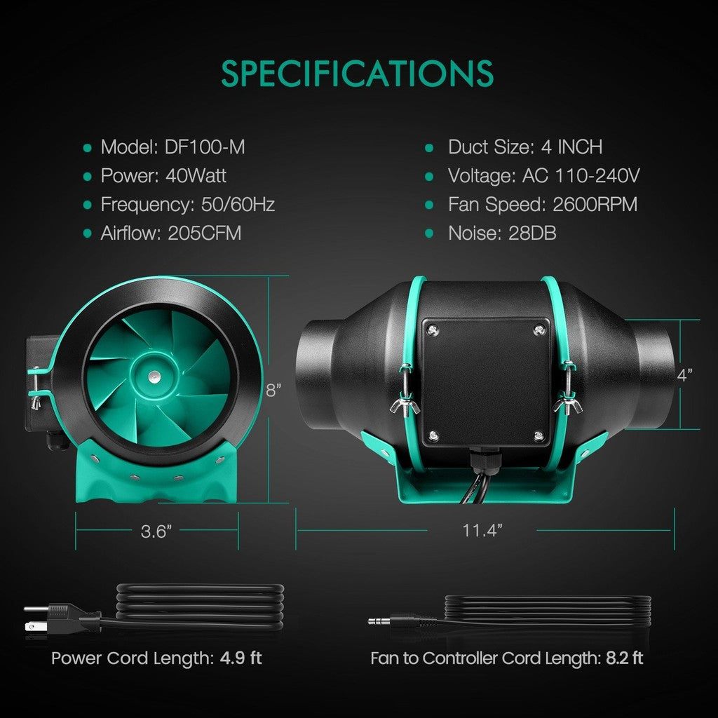 Mars Hydro 4” Inline Duct Fan with Speed Control – Quiet 200 CFM Ventilation for Grow Tents